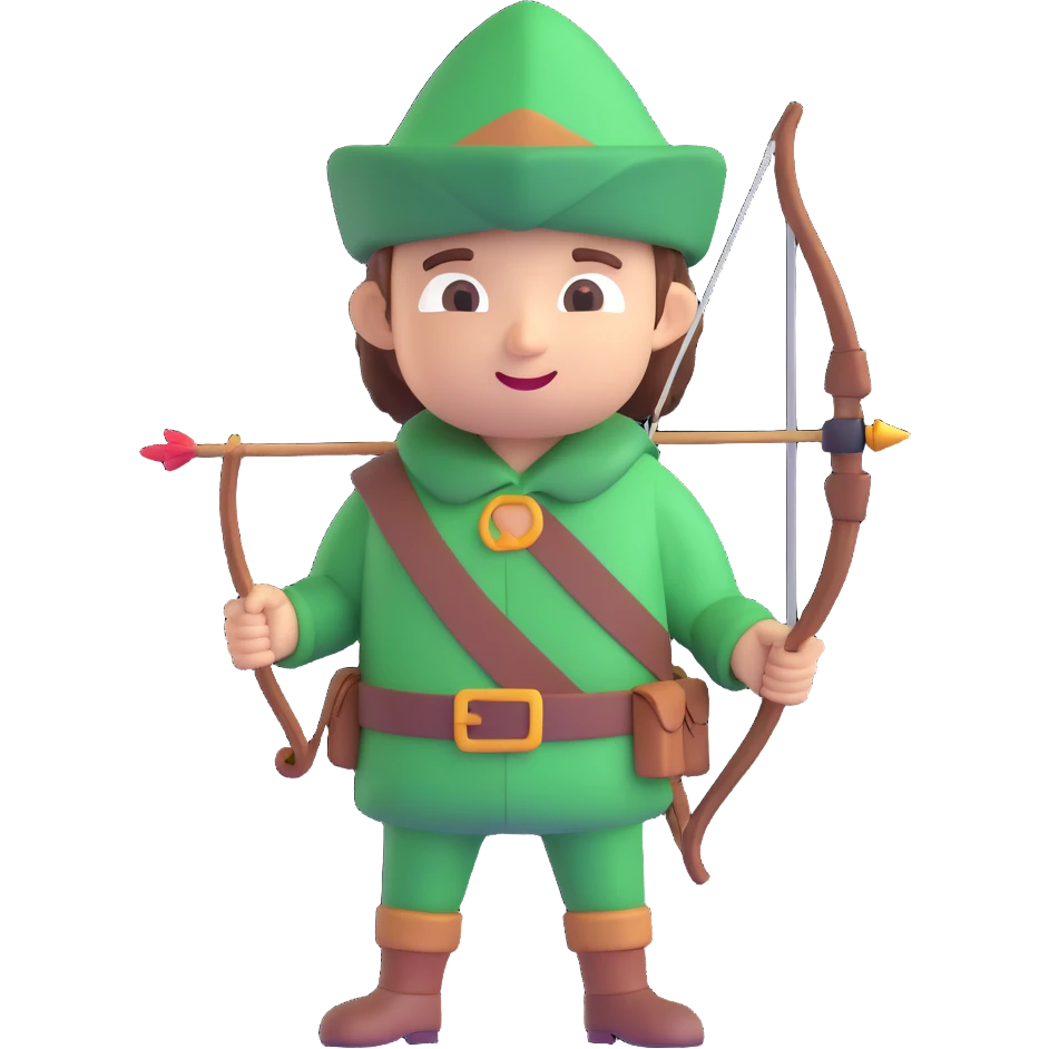 Robin Hood, classic English folk hero, green hat and bow, 3D emoji style emoji
