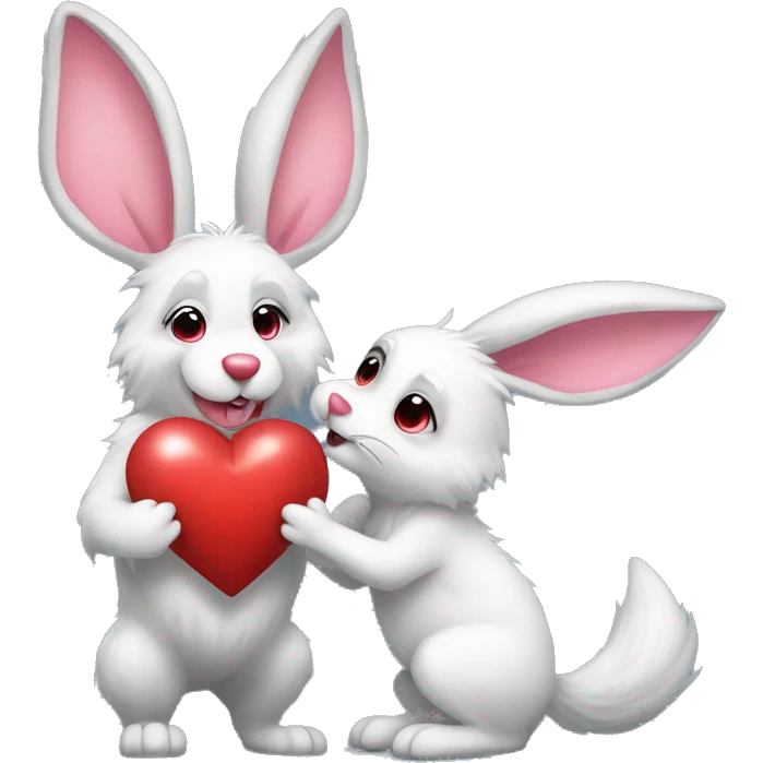 Old kind Wolf kiss a white Bunny who has pink ears, with big red heart between them. Heads only, with no body  emoji