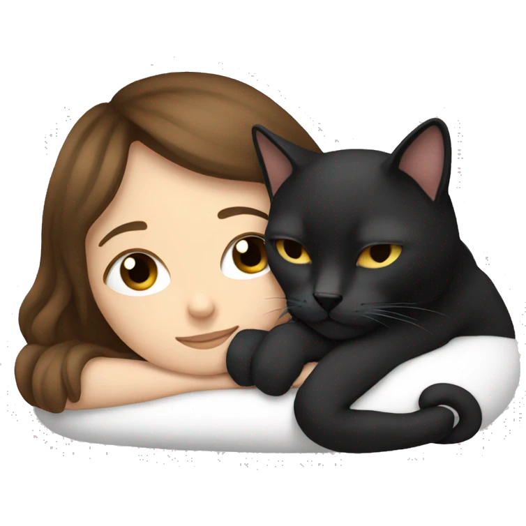Girl with brown hair sleeping with black and white cat emoji