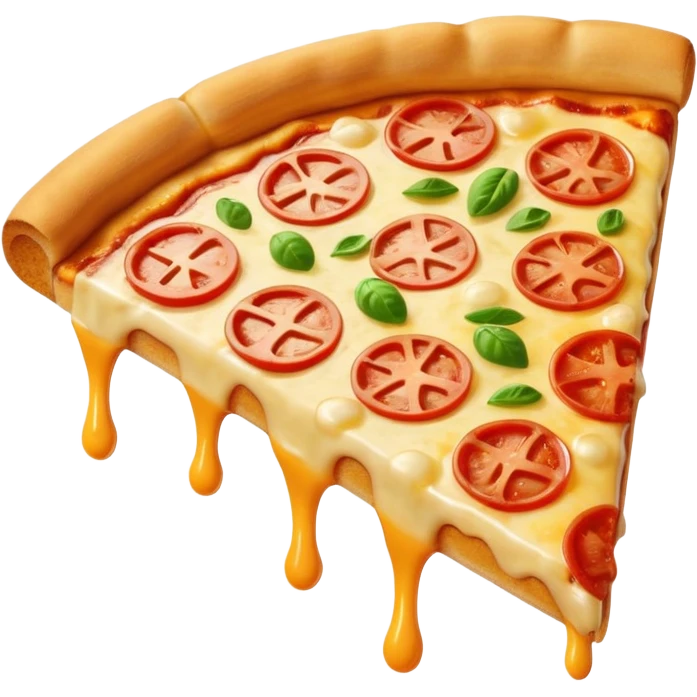 A cute 3D emoji-style pizza slice with glossy finish, thick melted cheese, golden crust, vibrant toppings, smooth cartoon design, soft lighting, clean background, high-quality modern emoji look. emoji