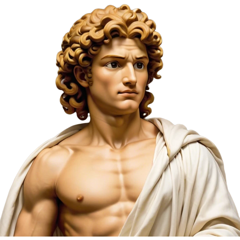 Cinematic Realistic Hercules Portrait, head tilted dramatically with an exaggeratedly amused expression, blending the fierce valor of the Hercules with the classic elegance of Michelangelo's David. His light tan skin and thick, curly, golden brown hair, rendered with meticulous classical detail, frame a face of heroic determination and playful charm. Clad in a gracefully draped white robe adorned with subtle golden embellishments and accented by a distinguished Greek laurel wreath, dynamic lighting accentuates both his formidable physical power and his approachable, spirited demeanor. emoji