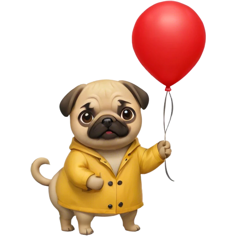 pug in yellow raincoat holding red balloon emoji