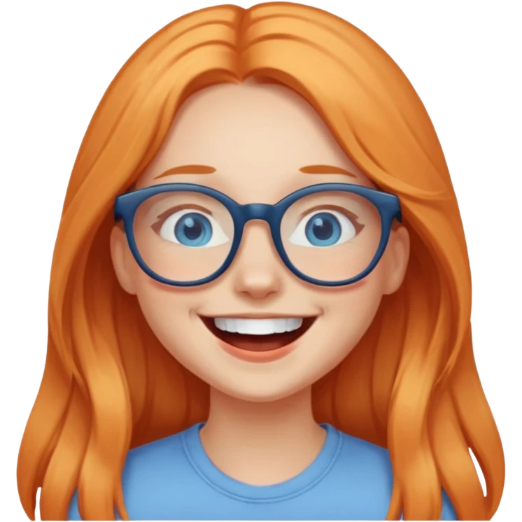 a girl with blue eyes, glasses and light orange long hair laughing emoji