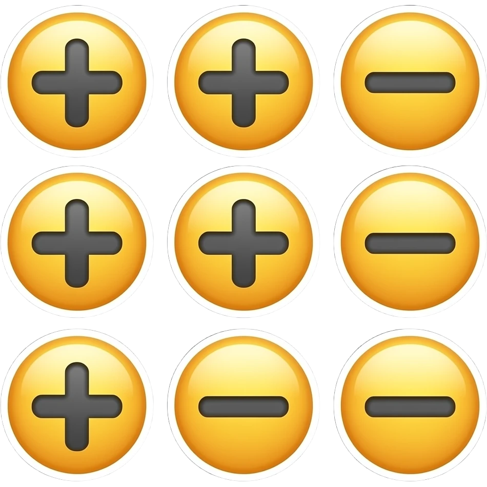 صمم نفس مجموعة الإيموجي الموجودة في الصورة التي أرسلتها، على خلفية داكنة، بنفس الحجم والدقة، ولكن كل إيموجي يجب أن تكون عليه نفس العلامات (+ أو -) الموجودة في الصورة الأصلية، بحيث كل زر يحتوي على نفس العلامة كما هو في النسخة الأولى. emoji