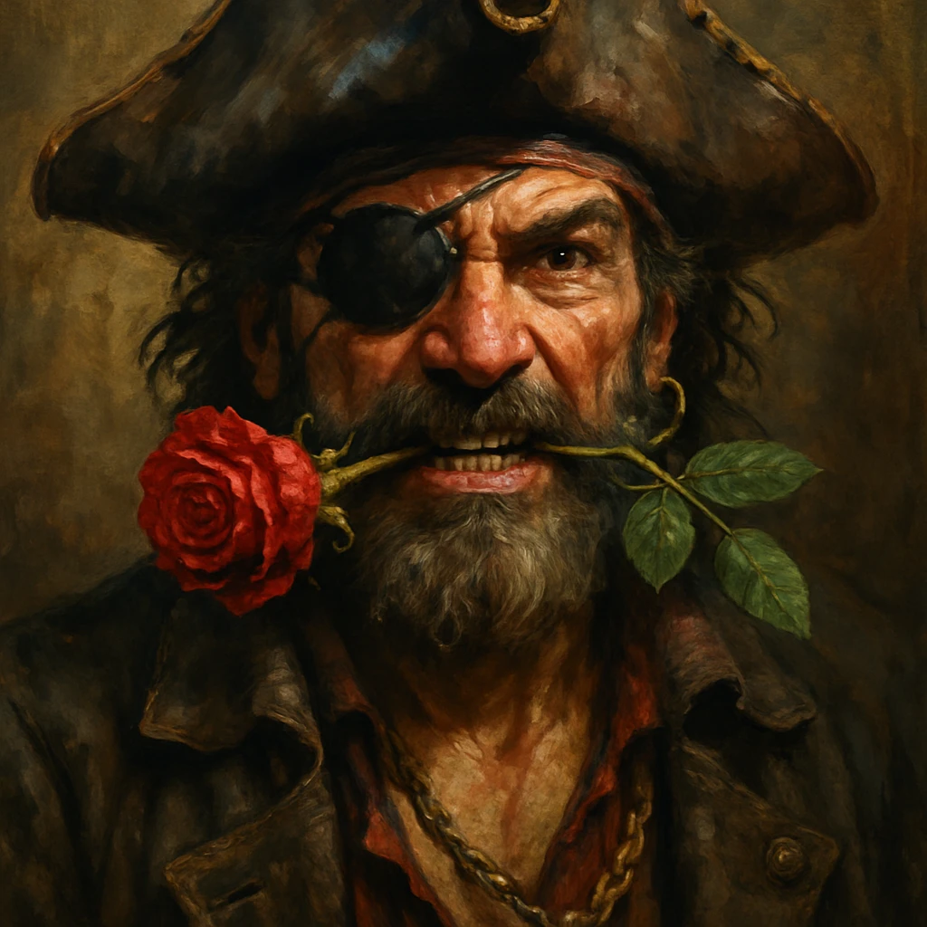 detailed, expressive pirate with an eye patch on his left eye and a rose between his teeth emoji