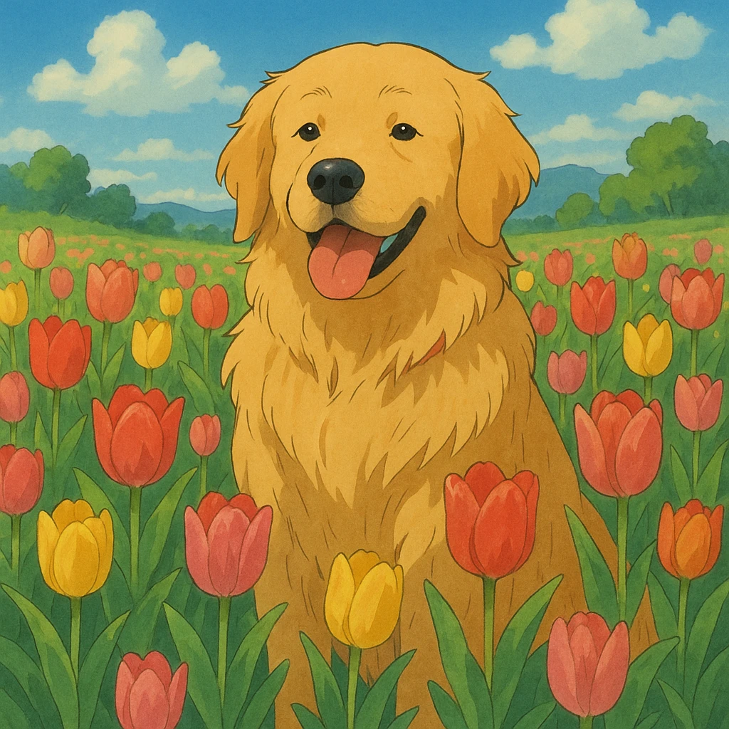 golden retriever surrounded by tulips in ghibli style emoji
