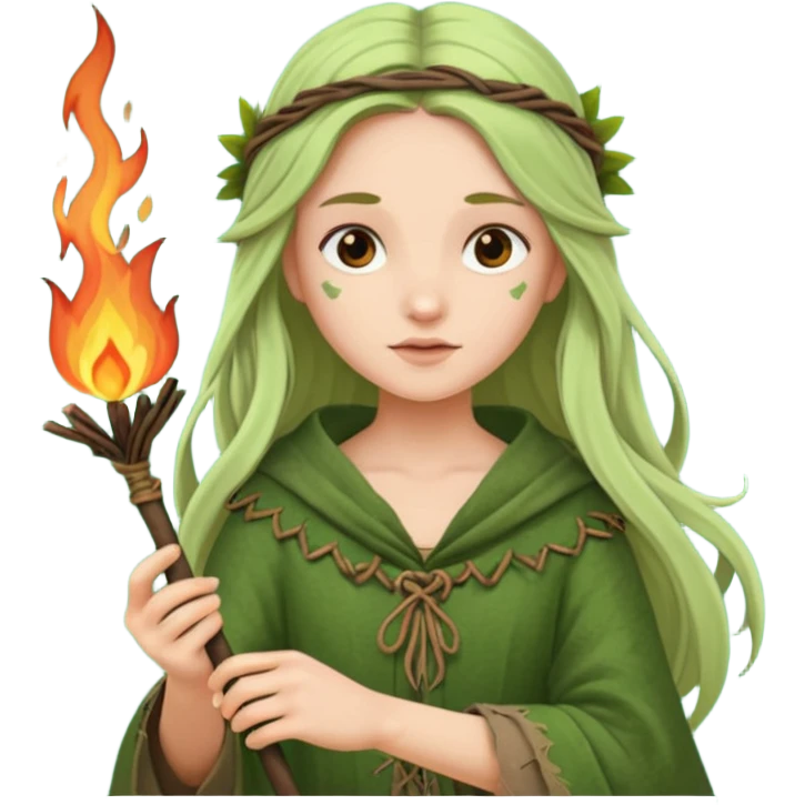ancient european girl, tattered leaf green cloth, hold fire stick emoji
