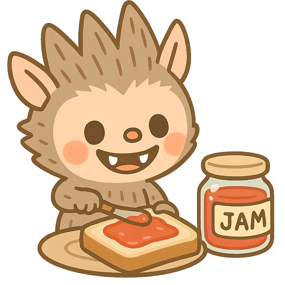 Labubu character spreading jam on bread, smiling, cute cartoon style emoji