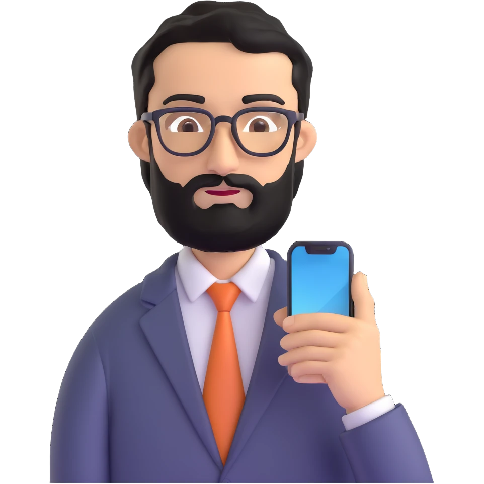 same professional man with medium black beard, neat black hair, connected unibrow, olive tan skin, brown eyes, glasses, prominent nose, in business casual attire, looking at mobile phone screen emoji