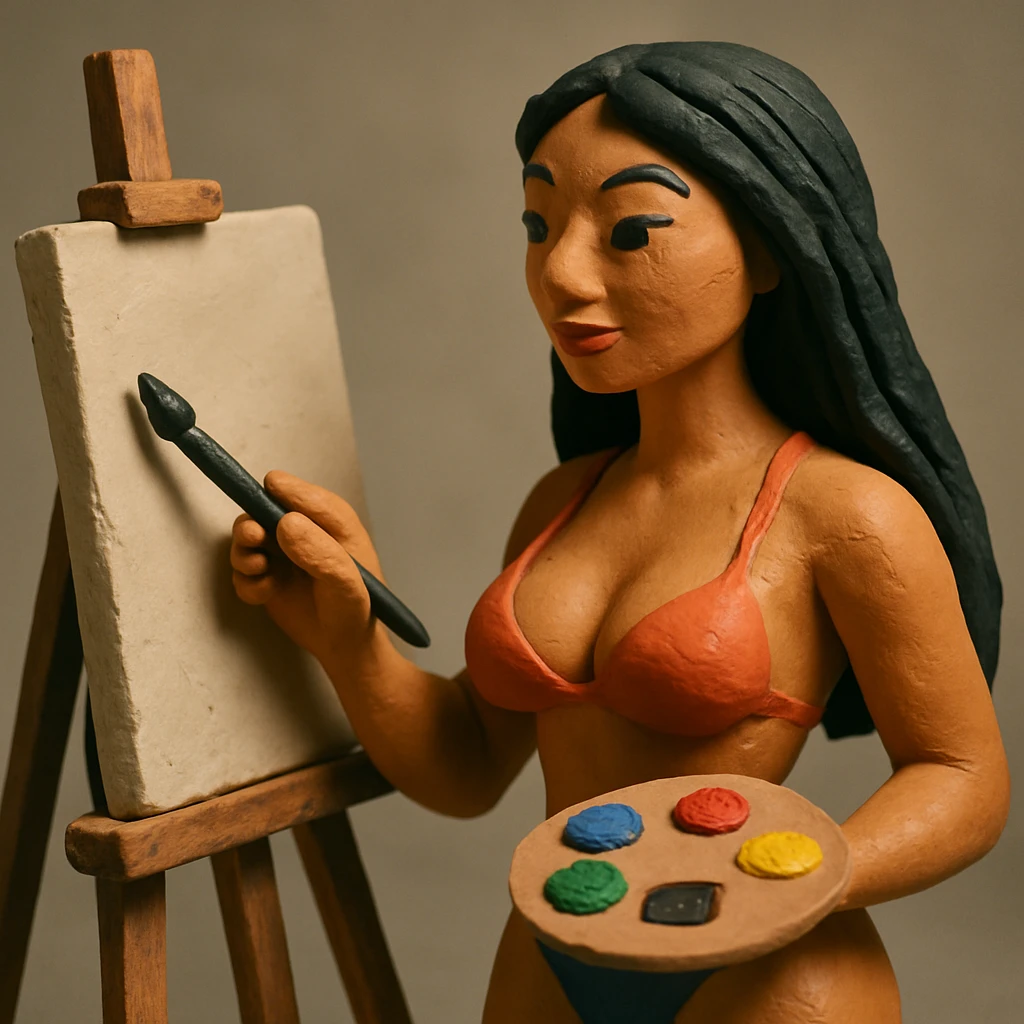 sexy tanned woman artist with long black hair, painting at an easel, holding a paint palette and brush, in claymation style emoji