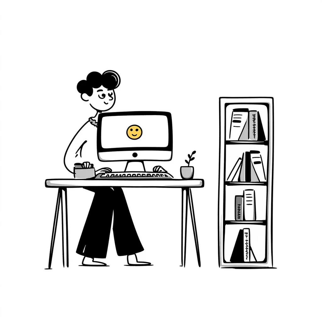 Home office with desk, computer and bookshelf emoji