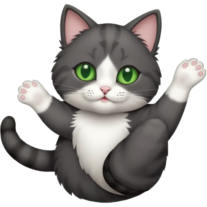 dark grey cat with green eyes, white toes/paws and white patch on her chest playfully rolling upside down emoji