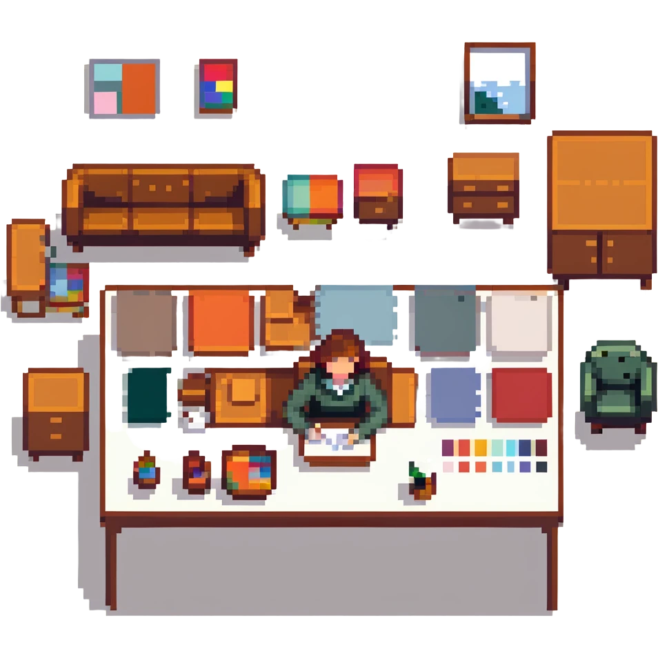 interior designer at work with furniture and color swatches emoji