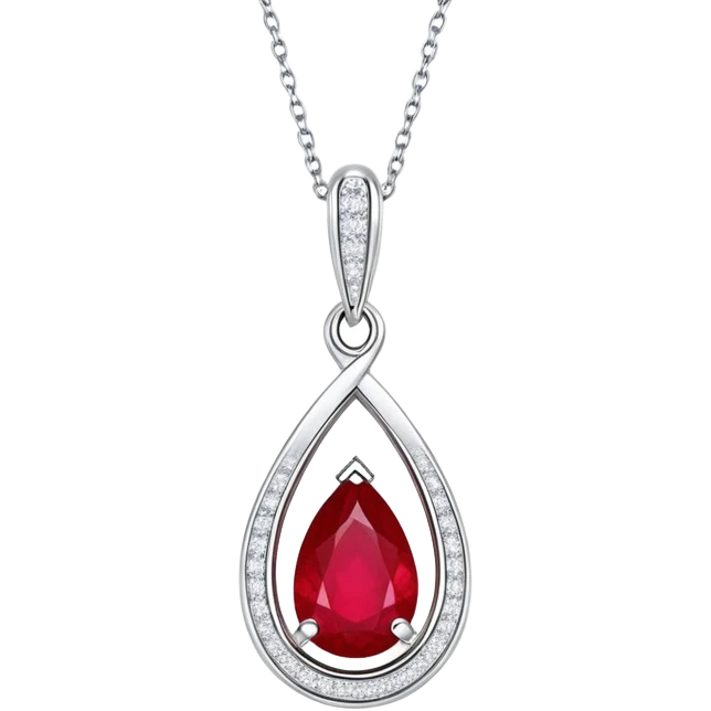 teardrop-shaped ruby pendant cradled in a delicate silver chain, haloed by shimmering white stones emoji