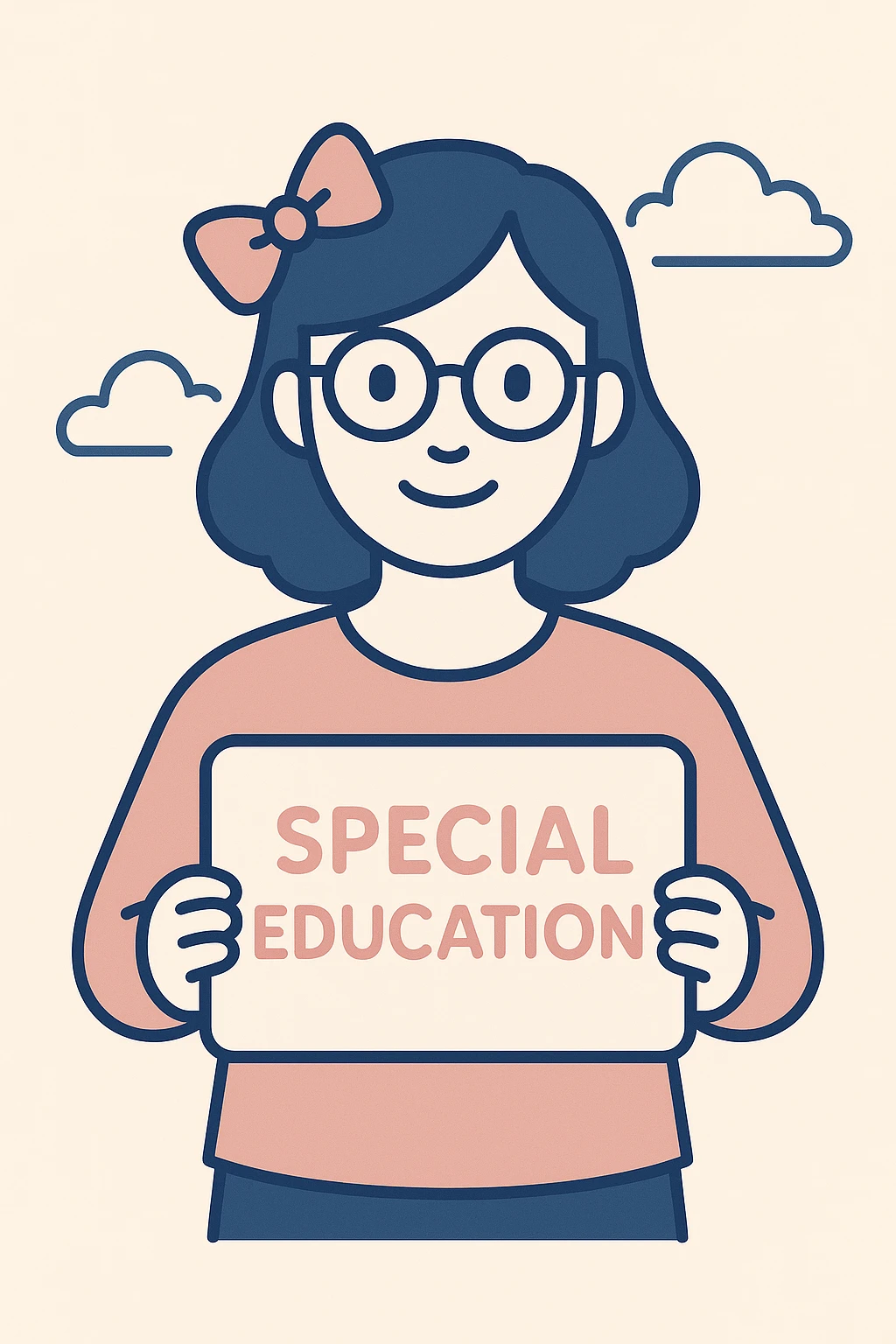 Add glasses to the special education teacher with a pink bow in her hair, maintaining the modern flat style. emoji