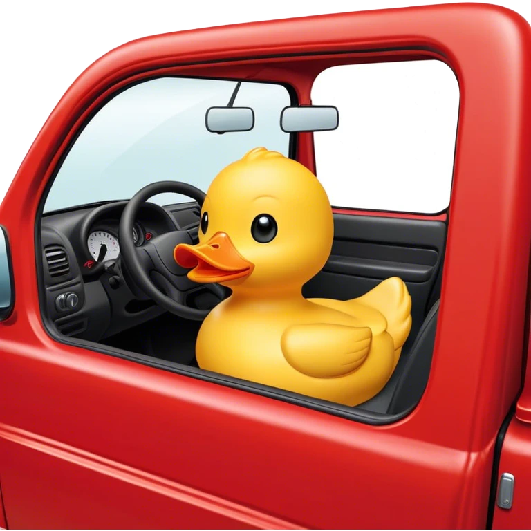 yellow rubber duck in the drivers seat of a red truck emoji