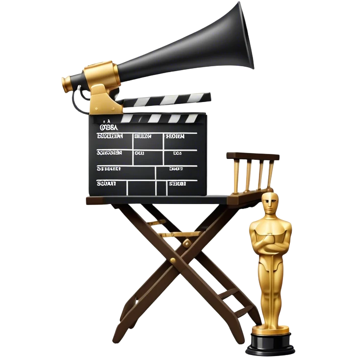 Icon for Directing: a director's chair, a film slate, a megaphone, a stage set with lights, and an Oscar statuette. The icon should represent the creative and leadership aspects of directing, with focus on film and theater production. Transparent background. emoji