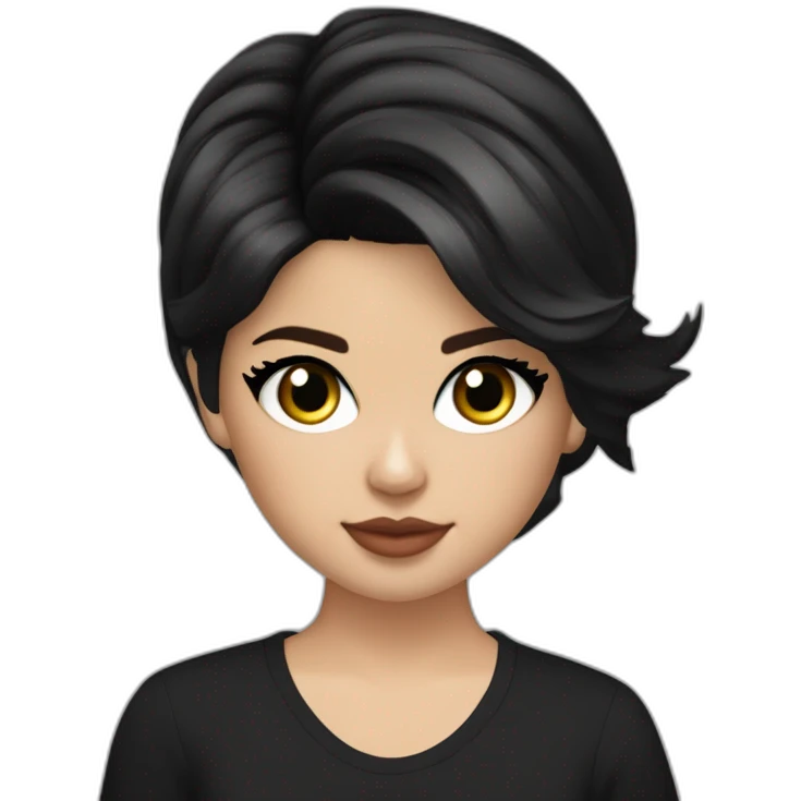Selena gomez, con cabello corto a los hombros, algo ondulado, con anteojos de marco negro y ojos delinedos en negro en el párpado  emoji