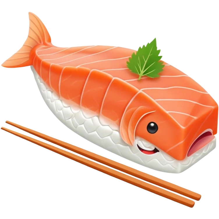 Cute Kawaii Sashimi Slice, delicate and fresh, bright orange salmon with soft pastel textures, an adorable happy face, tiny chopsticks lifting it, gentle glowing highlights! emoji