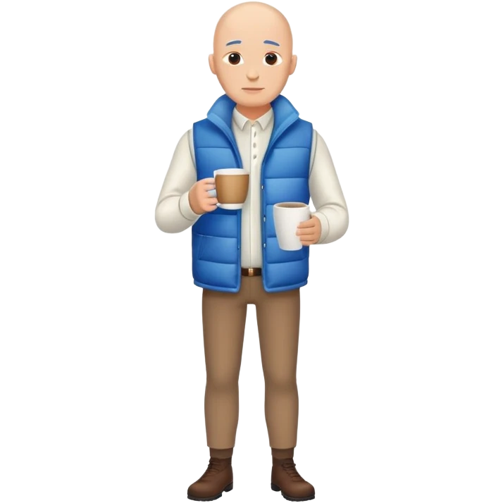 full body bald man wearing long sleeve white shirt with blue puffy winter vest holding a cup of coffee in front of him and nothing in his other hand emoji