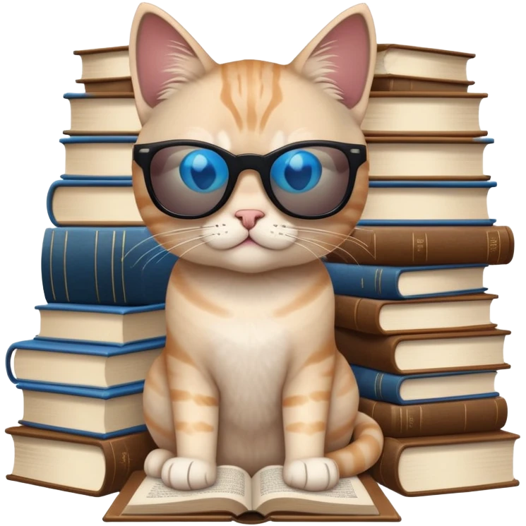 Cat with sunglasses ocean blue light and stand up over a desk full of books emoji