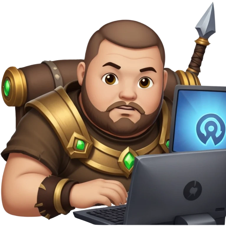 buzz cut brown hair bearded man that is chubby playing world of warcraft game on pc emoji