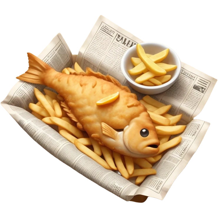 Fish and Chips Cinematic Realistic Fish and Chips Dish Emoji, depicted as a crispy battered fish fillet and golden chips served in traditional newspaper wrapping, rendered with lifelike textures and warm natural lighting that captures its iconic British street food charm  . emoji