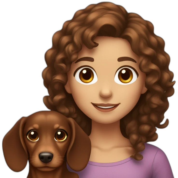 Girl long curly brown hair smiling and brown eyes and holding a dachshund  in her arms emoji