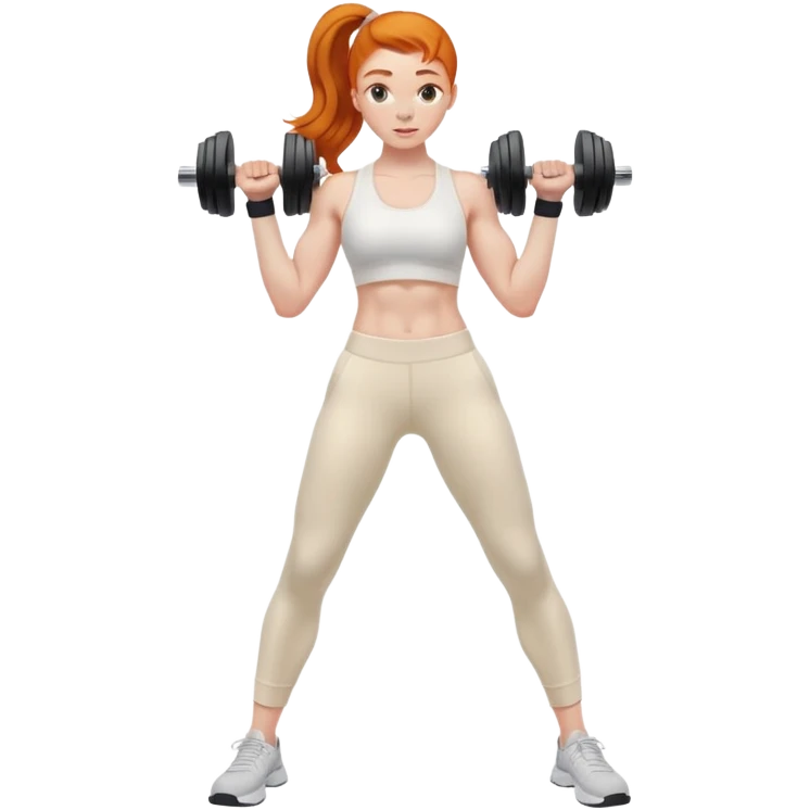 Ginger gym girl standing sideways with dumbbells and cream athleisure pants clothes emoji