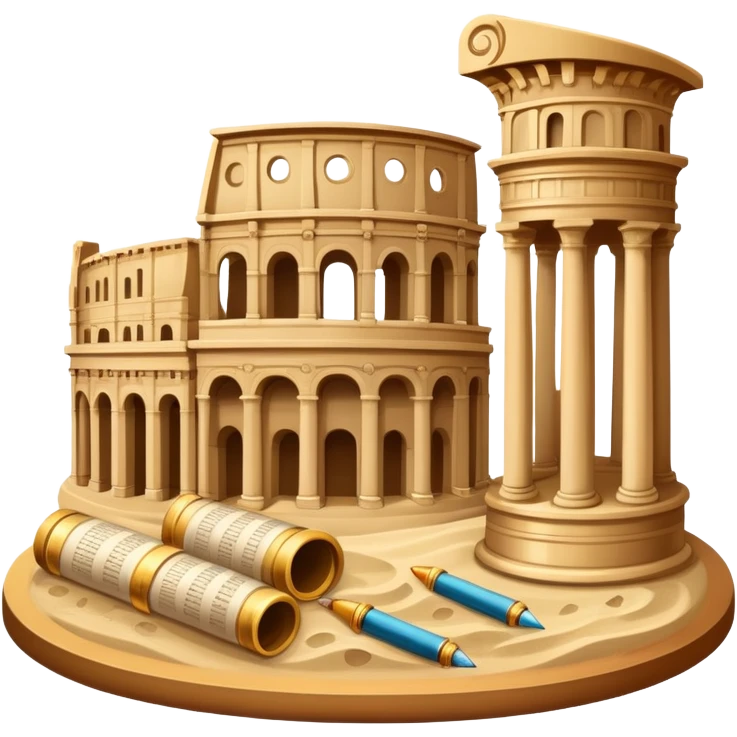 icon featuring ancient scrolls, quill pen with famous historical landmarks and monuments in the background like colliseum. Large, antique sand clocks with sand pouring out represent the passage of time. Historical figures are depicted as statues. Transparent background. emoji
