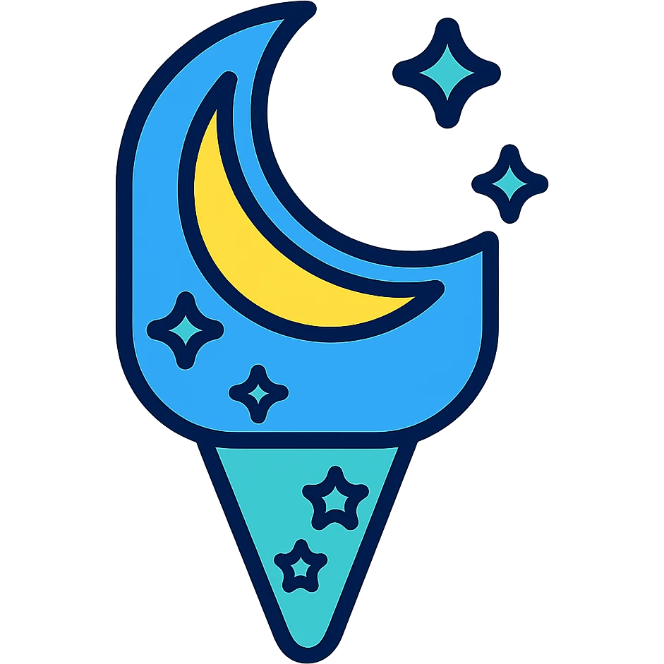 Add a cone with stars to the moonbeam ice cream, keep stylized crescent moon shape, sparkles, and cool tones, emphasizing a sleek and modern look. emoji