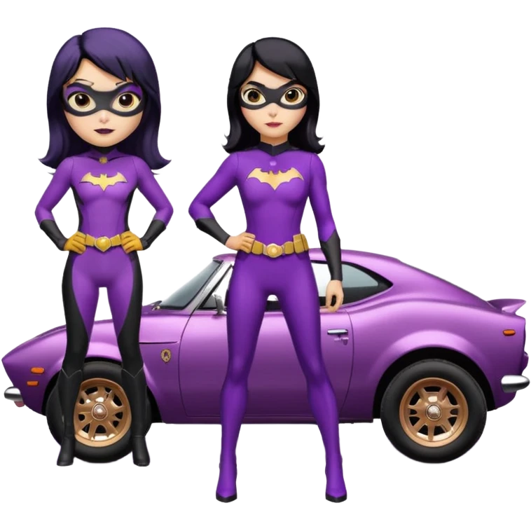 Relaxed adult 60’s Batgirl themed Satin black and rose gold colored Scion FR-S hot rod off road capable (tight fitting purple suit with black hair on her) emoji