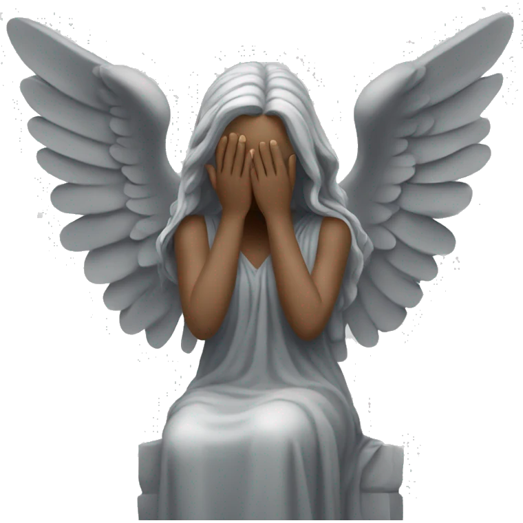 gray statue of angel in long dress with wings. Her hands are covering her eyes like she's crying emoji