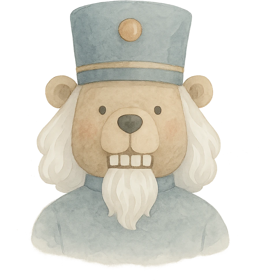 profile picture of a nutcracker bear with white hair, visible teeth, and a classic nutcracker hat, painterly style emoji
