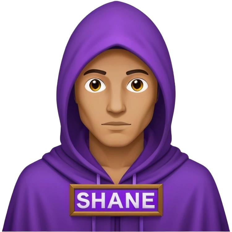 A mysterious hooded man shows a purple plaque with the inscription Shane emoji