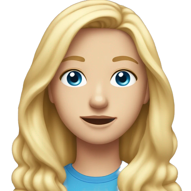 A 18 year old, Caucasian woman, with long blonde hair,   with blue eyes wearing a t-shirt. emoji