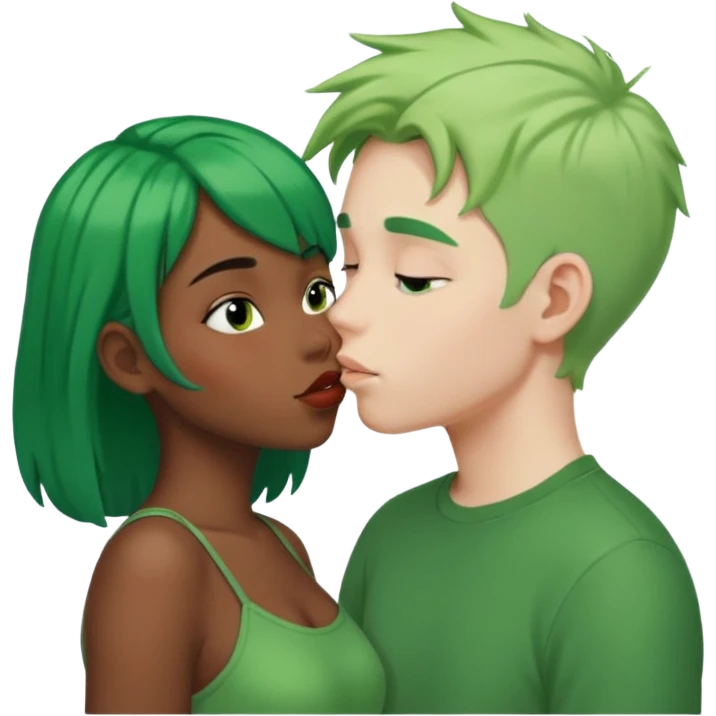 Black girl with green hair kissing white boy emoji