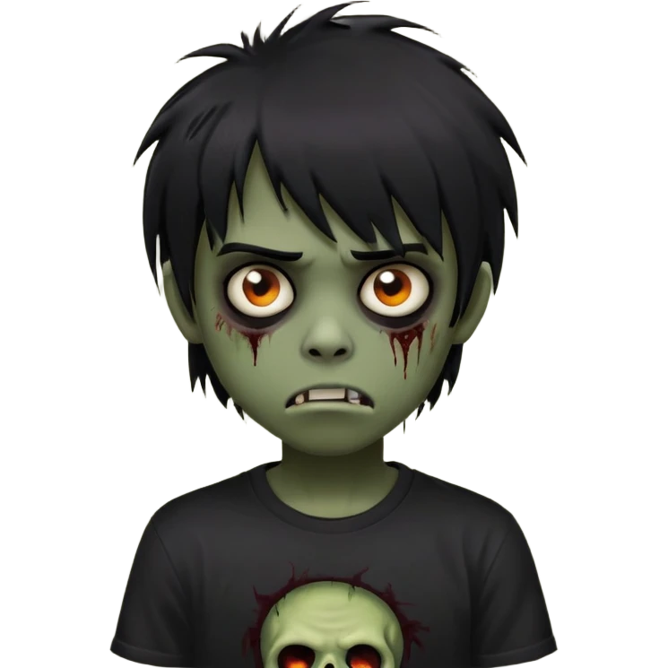 Boy, zombie, black hair, medium long, emo, shaggy, dark, spooky, creepy expression, fringe approximately to the eyebrows height, with Black t-shirt  emoji