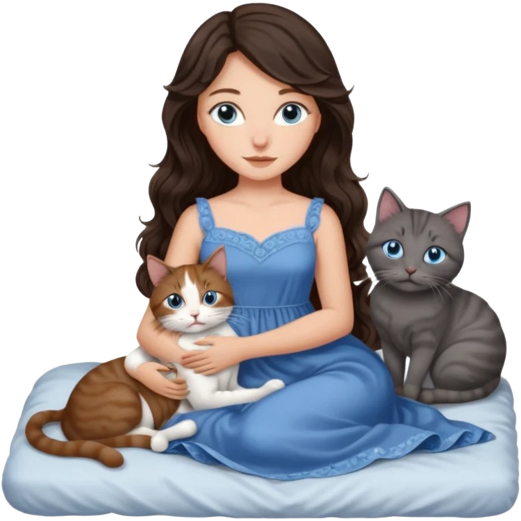 detailed realistic looking a dark grey and white cat regally laying with six other cats, cuddling with their owner in bed who is a pretty bratz lightly tanned white girl with long dark brown hair, blue eyes and gorgeous long wavy hair wearing a pretty detailed dress emoji