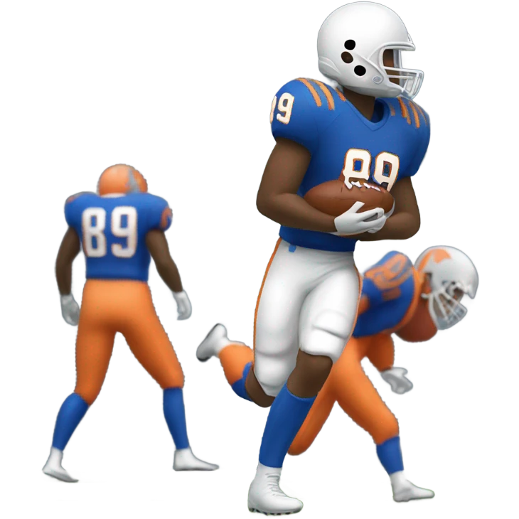 White tight end wearing #89 catching a football wearing blue and orange emoji