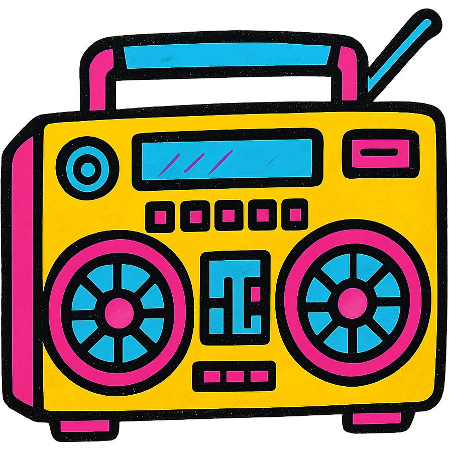 A boombox in Pop Colors style, vibrant and colorful, with a retro feel, bright neon colors, bold outlines, and a playful design emoji