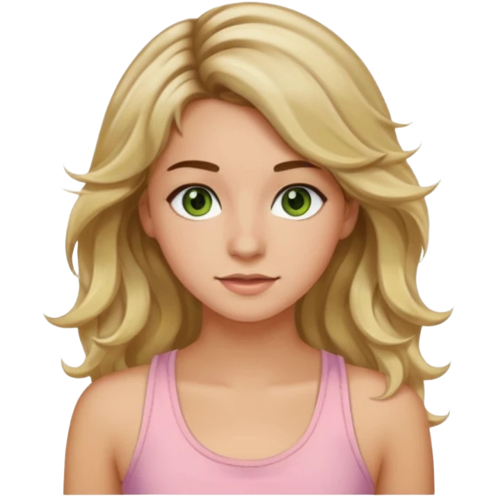 ca you make her hair a 20-year-old girl with long wavy hair brown roots blonde highlights green eyes brown eyebrows good summer tan iPhone emoji style with light pink tank top can you make her hair a little longer please emoji