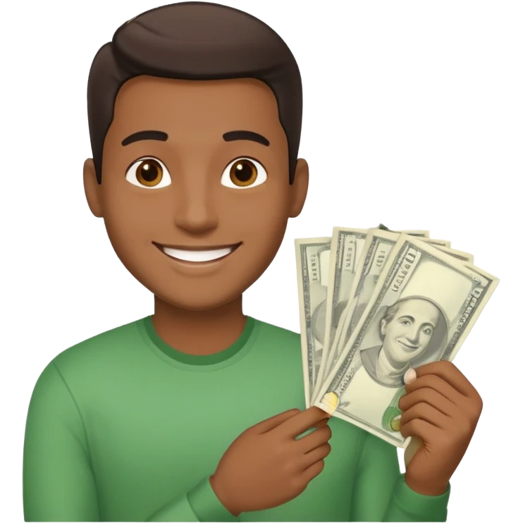 Create a photorealistic emoji of a happy man holding money. 4 different options emoji