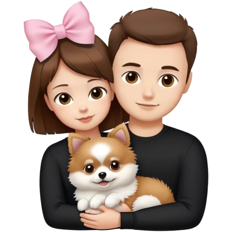 shorthair girl with black shirt  with husband brown hair brown eyes hugging white Pomeranian with light pink bow ponerania another pomerania red brown emoji