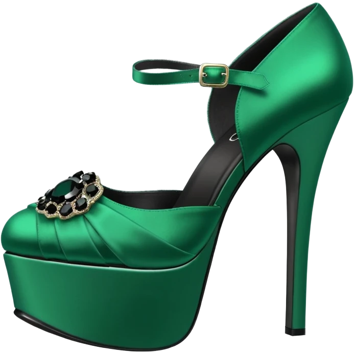  isolated side view, 3D rendering, emerald green satin, chunky platform heels with sparkling black color rhinestone in center  emoji