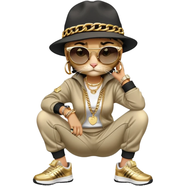 female cat wearing Run DMC hip-hop outfit with tracksuit, fedora, Adidas sneakers, dark sunglasses, many gold chains, rings, bracelets, flashy earrings, fallen down with distressed expression emoji
