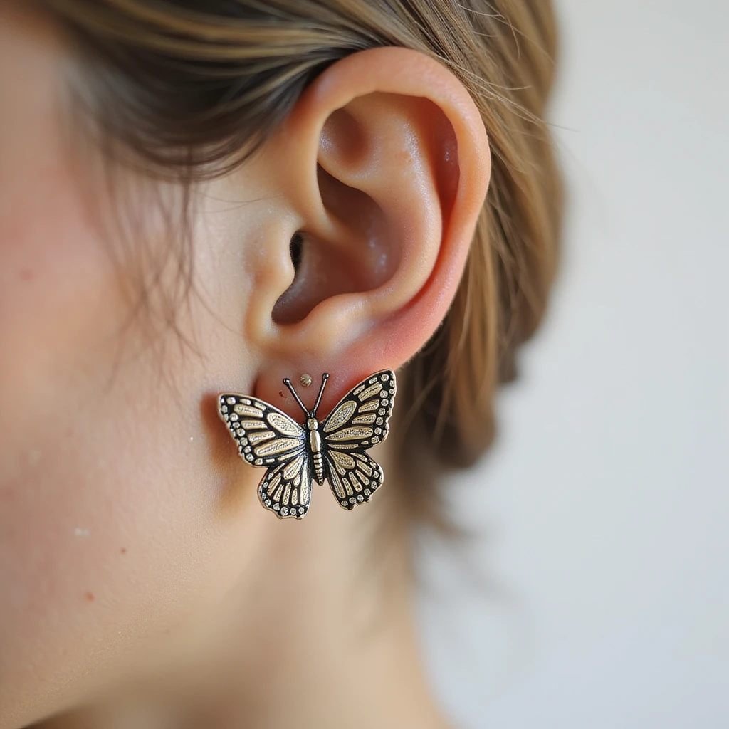 realistic butterfly-shaped earring, isolated on a transparent background, no visible background emoji