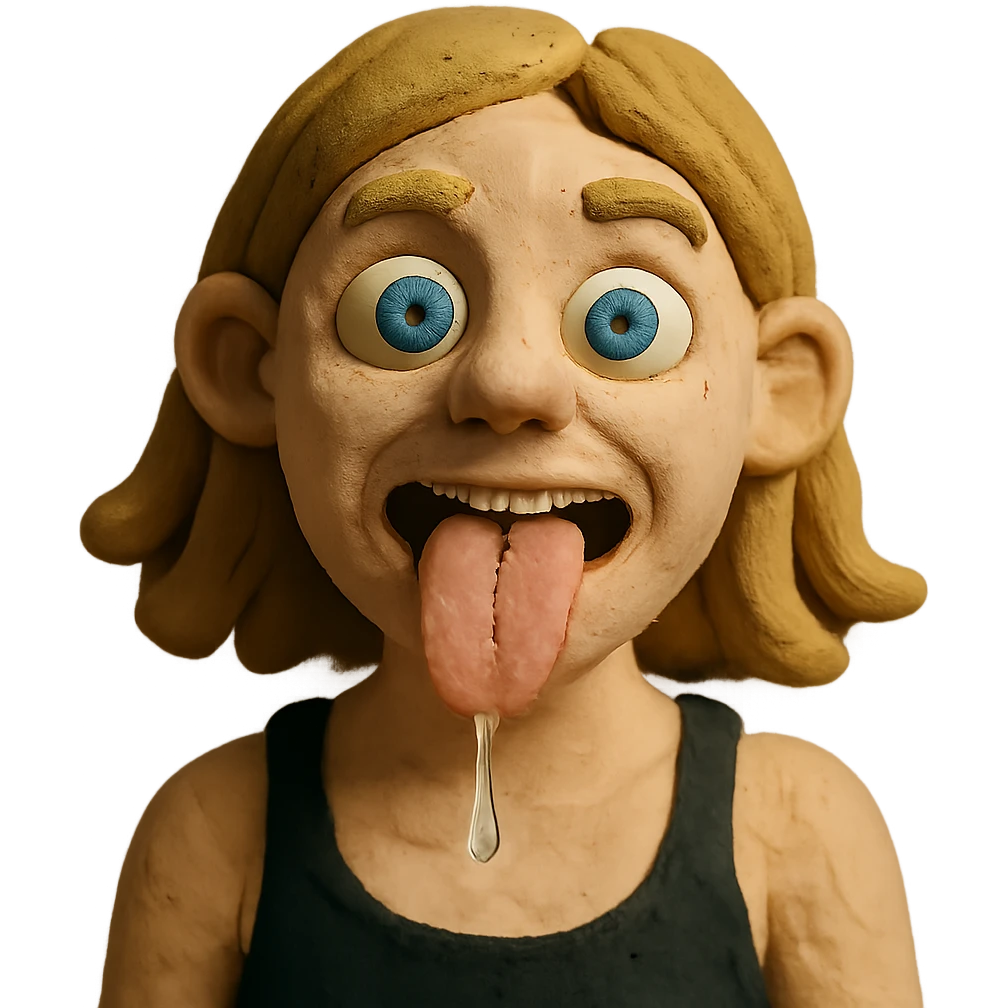 dirty blonde girl with blueish green eyes, black tank top, sticking tongue out and drooling emoji