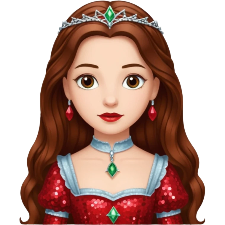Nessarose from The Wizard of Oz with long brown hair, red sequin outfit emoji