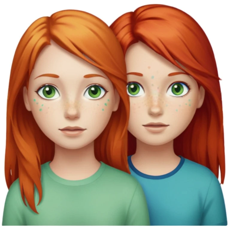 Deux filles celle à gauche à les cheveux roux et la peau claire avec des tâche de rousseur et les yeux bleu vert avec un peu de toutes les couleurs la fille à sa droite est un tout petit peu plus petite à les cheveux blonds long il les yeux verts emoji
